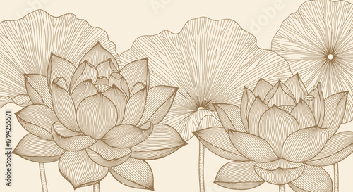 Golden lotus flowers with detailed patterns on a light background