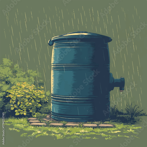 Rainwater harvesting system in garden collecting rainwater during a downpour