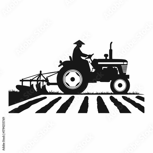 vector silhouette of a farmer plowing a rice field using a tractor
