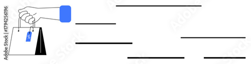 Minimalist outline of a hand grasping a shopping bag with a price tag. Ideal for commerce, retail, shopping, e-commerce, branding, consumerism, sales. Simple flat metaphor