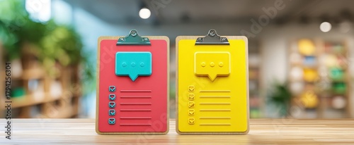 The Clipboards with Colorful Speech-Bubble Checklists on a Wooden Desk in Library