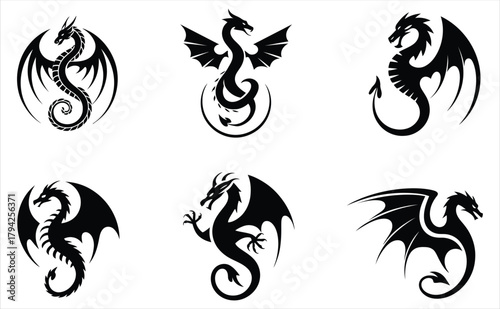 Flying Dragon Silhouette Logo - Dynamic Pose