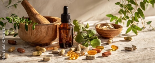 The amber dropper bottle with wooden mortar and supplements on sunlit table