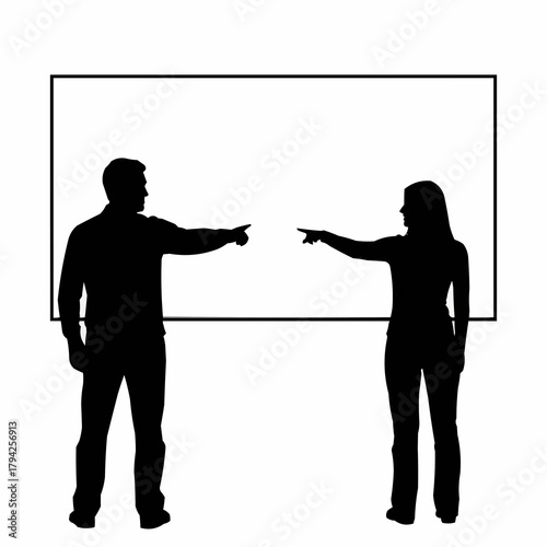 Silhouetted Man and Woman Pointing at Blank Screen.