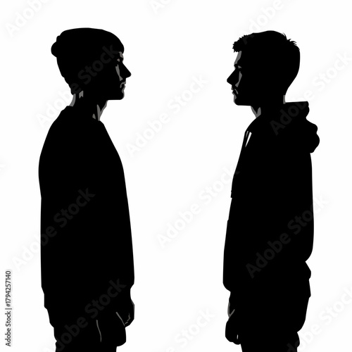Two young men facing each other in silhouette.