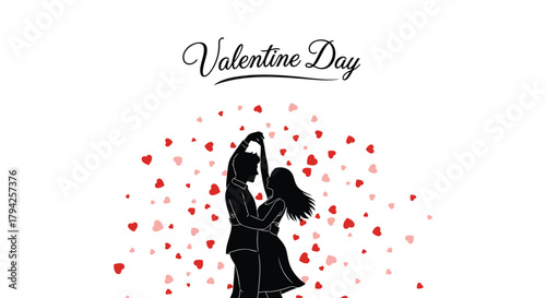 Romantic silhouette of a couple dancing amidst falling hearts for valentine s day celebration