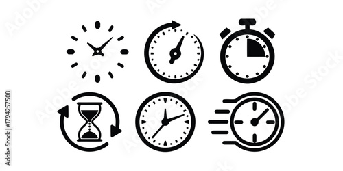 time, clock, watch, stopwatch, hourglass, timer, speed, duration, measurement, icon, symbol, graphic, vector, silhouette, black and white, fast, slow, countdown, schedule, deadline, punctuality, effic