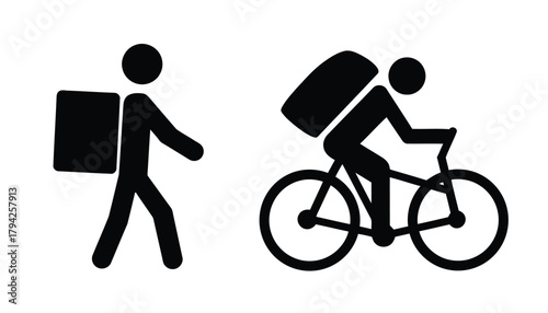 delivery, person, walking, cycling, bicycle, package, bag, courier, service, transport, icon, set, collection, design, element, graphic, illustration, black and white, simple, modern, minimal, food de