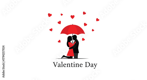 Romantic silhouette of a couple embracing under a red umbrella surrounded by hearts on valentine s day