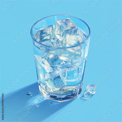 Refreshing glass of water with ice cubes on a blue background