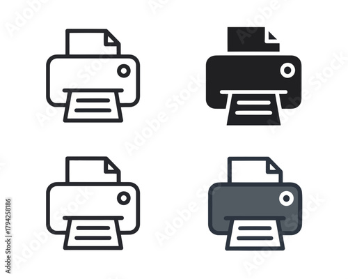 Four printer icons with paper in different styles and colors displayed in a square arrangement