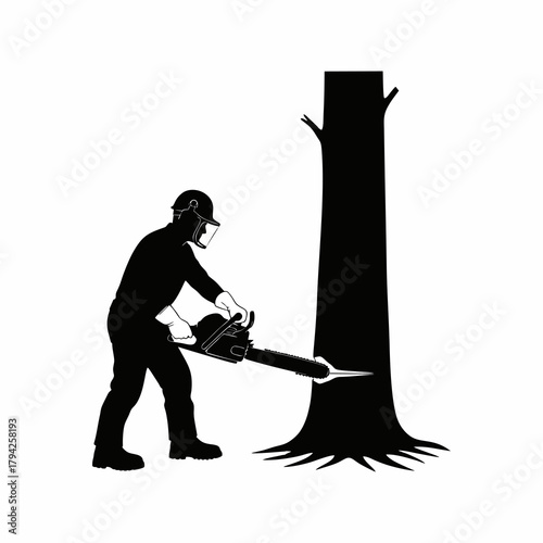vector silhouette of a worker cutting down a tree with a chainsaw