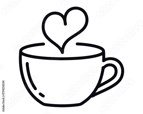 Simple line drawing of a coffee cup with a heart shape coming out of it on a white background