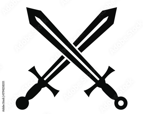 Two black swords crossed with detailed handles and blades in a simple graphic illustration style design