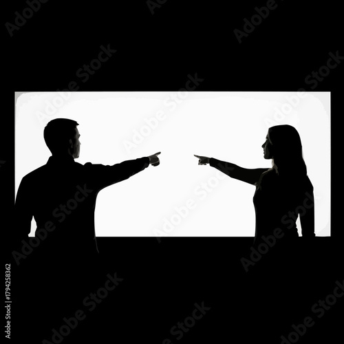Silhouette of a man and woman pointing fingers at each other.