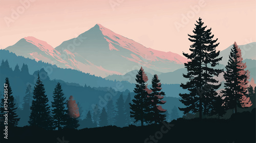Scenic mountain landscape with coniferous forest in a serene pastel atmosphere