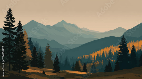Scenic Mountain Landscape with Pine Trees and Distant Mountain Peaks