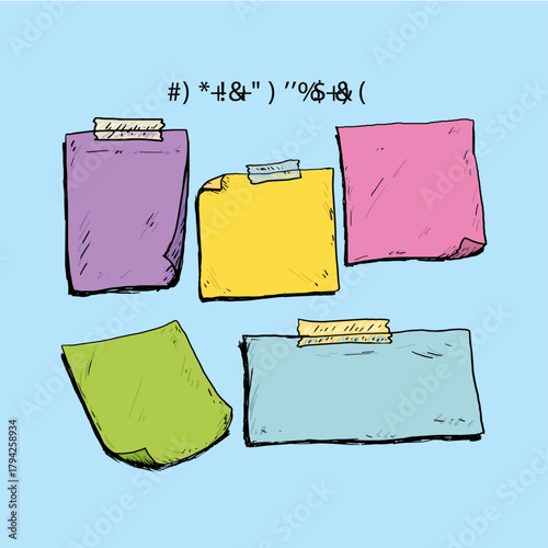 Colorful sticky notes collection with hand drawn style and pastel background perfect for organization and reminders in a creative and playful way