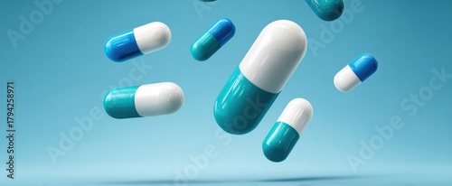 The Capsules Floating in Blue and White Levitation Over a Minimal Background