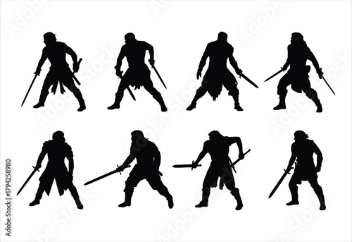 Aggressive Samurai Swordsman Silhouette Action Poses