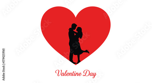 Romantic silhouette of a couple embracing inside a large red heart symbol celebrating valentine s day