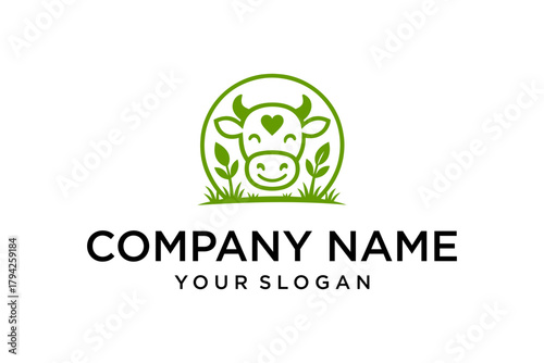 Cute Green Cow Logo with Heart, Leaves, and Grass for Organic or Dairy Brand