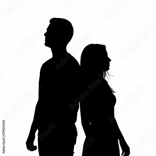 Silhouetted couple standing back to back representing separation and distance.