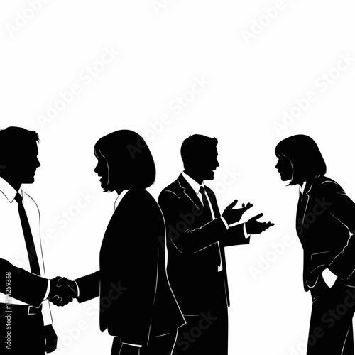 Silhouettes of business people shaking hands and in discussion.
