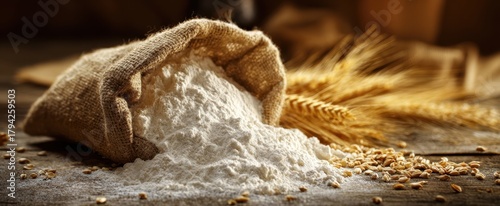 The Flour Sack Spilled on Rustic Wooden Table with Wheat and Grains