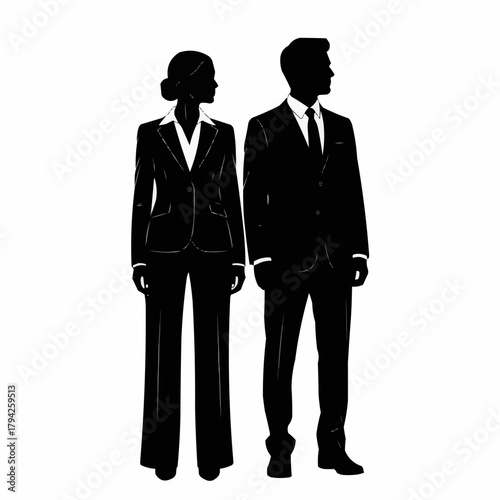 Silhouette of a professional man and woman in business attire looking forward.