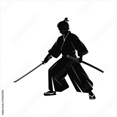 Crouching Samurai in Battle Stance Silhouette