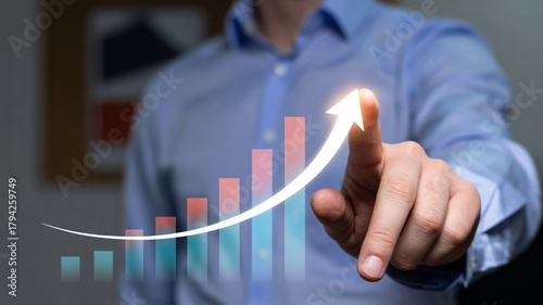 Confident professional drives business growth by touching upward trending arrow graph, symbolizing success and financial progress in modern economy