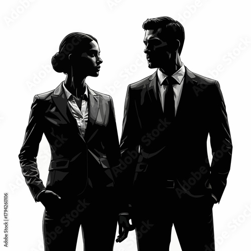 Business professionals stand together in formal attire, looking determined and focused.