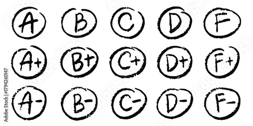 grades, academic, school, education, a, b, c, d, f, plus, minus, letter, symbol, mark, score, assessment, test, exam, report card, handwritten, drawing, sketch, doodle, circle, outline, black and whit
