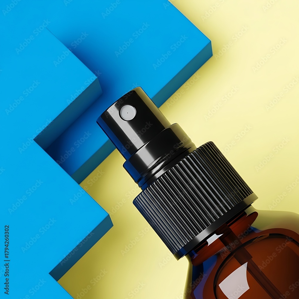 Fototapeta premium Closeup of a black spray nozzle on a brown bottle against a vibrant blue and yellow background