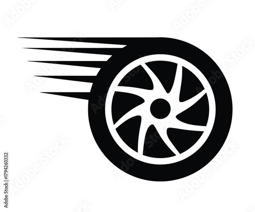 car, wheel, tire, icon, symbol, speed, motion, movement, fast, racing, transportation, vehicle, graphic, design, black, white, dynamic, energy, power, velocity, rotation, spin, abstract, white backgro