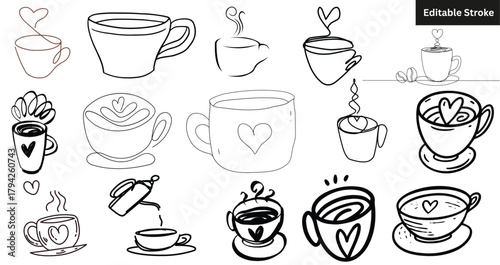 Set of 15 hand-drawn coffee cup and mug icons. Doodle hot drink, cafe, and tea vector illustration.