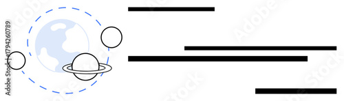 Earth with orbiting planets and rings outlines cosmic connections. Ideal for space exploration, science, education, technology, global reach, digital networking, simple flat metaphor