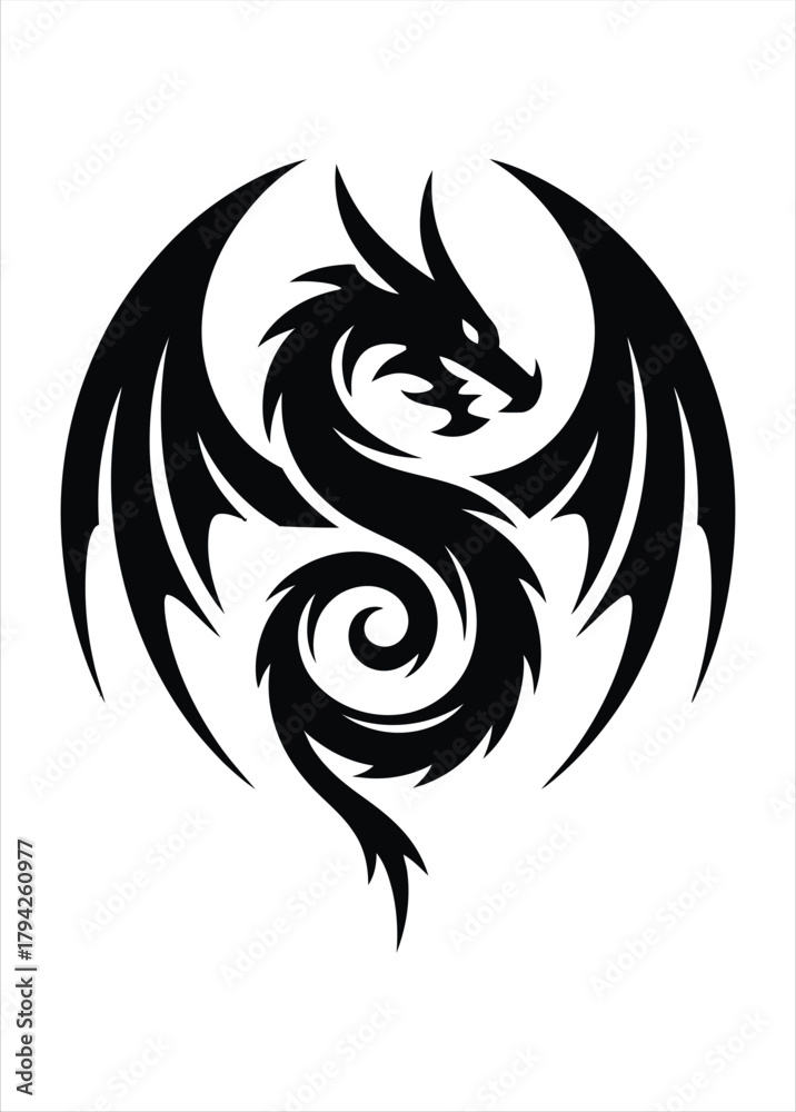 Obraz premium Black Dragon Circle Emblem, Mythical Power Tattoo