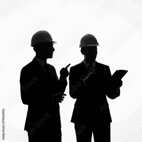 Two male engineers in hard hats discussing plans, silhouetted against a white background.