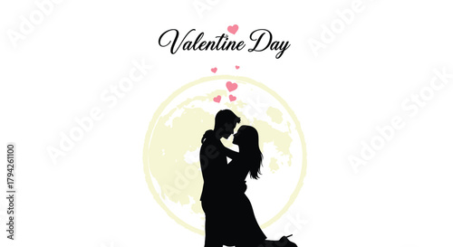 Romantic silhouette of a couple embracing under a full moon on valentine s day