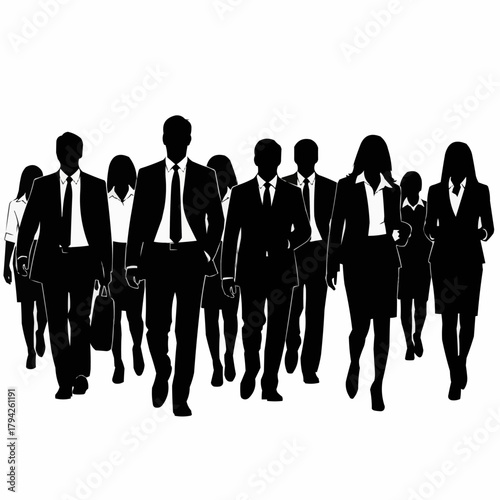 Silhouettes of diverse business professionals walking forward with determination.