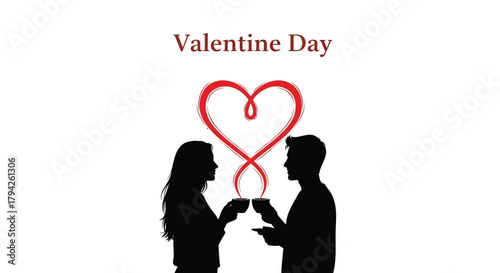 Valentine day silhouette couple sharing coffee with a red heart symbolizing love and connection