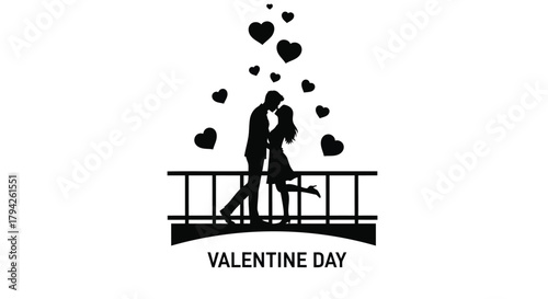 Romantic silhouette of a couple kissing on a bridge surrounded by floating hearts on valentine s day