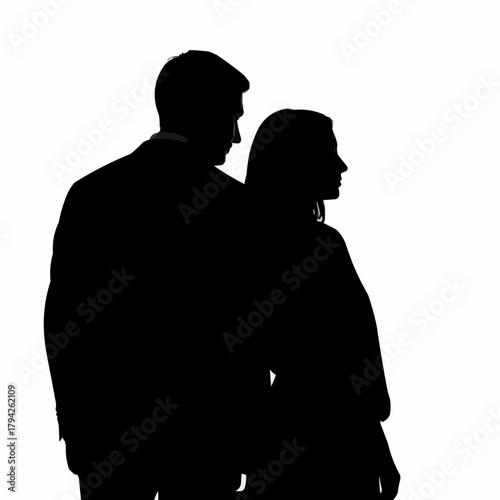 Silhouette of a man and woman standing together, looking in the same direction.