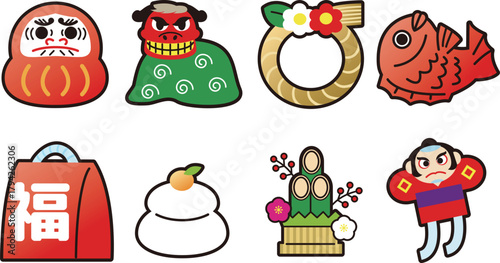 お正月の縁起物のイラストのおめでたい正月素材