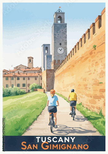 Retro travel poster illustration of two people biking along historic stone walls in a European town