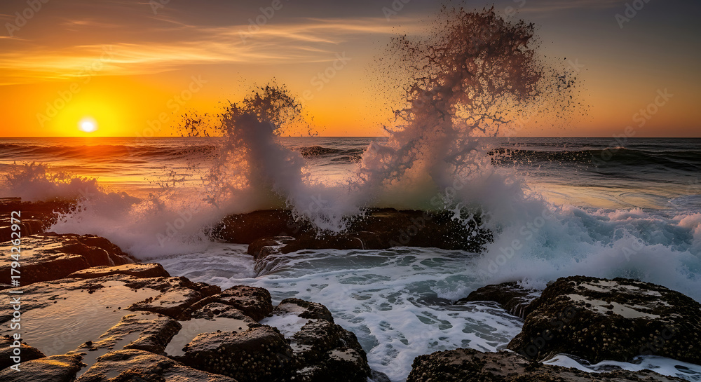 Fototapeta premium Golden Hour Grandeur Powerful Ocean Waves Crash Against Rugged Coastal Rocks Under a Fiery Sunset Sky, Capturing Nature's Dramatic Beauty and Raw Energy