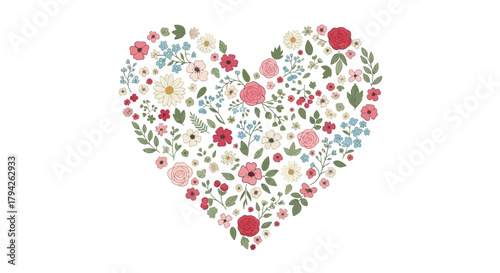 A heart shape formed by a beautiful arrangement of delicate flowers and green leaves on a white background
