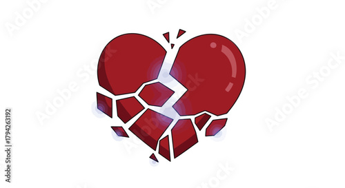 A stylized illustration of a vibrant red heart shattered into numerous sharp fragments with glowing blue energy emanating from the cracks